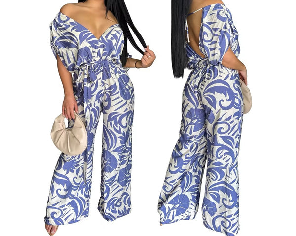 Women Off The Shoulder Short Sleeve Printed Jumpsuit