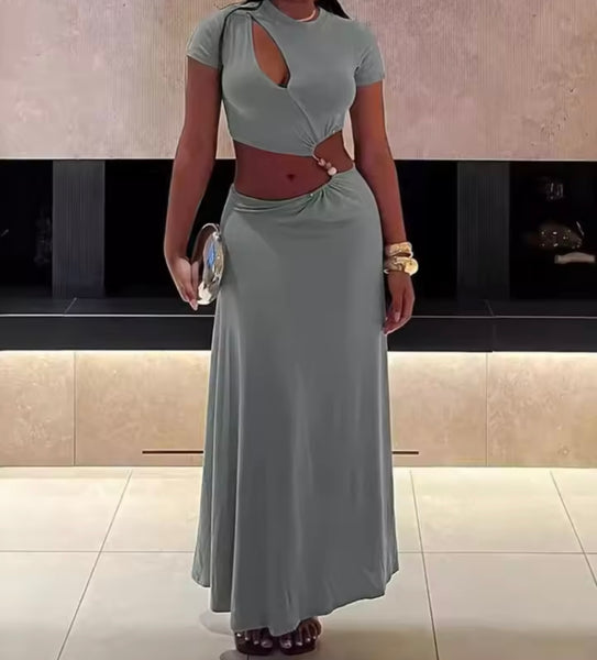 Women Sexy Gray Short Sleeve Cut Out Maxi Dress
