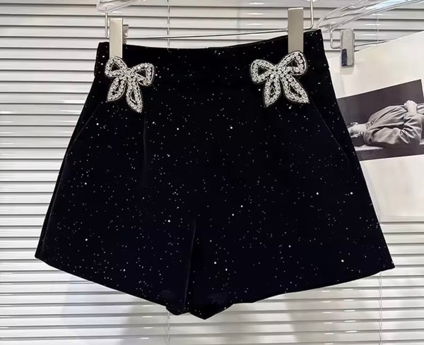 Women Fashion Rhinestone Bow Black Shorts