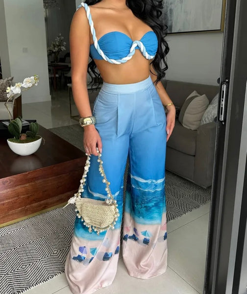 Women Blue Printed Sleeveless Sexy Two Piece Wide Leg Pant Set