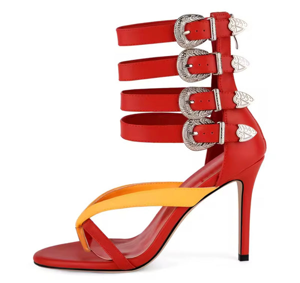 Women Color Patchwork Fashion Buckled High Heel Sandals