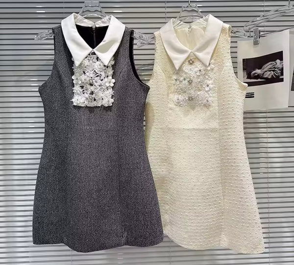Women Collar Sleeveless Lace Tweed Dress