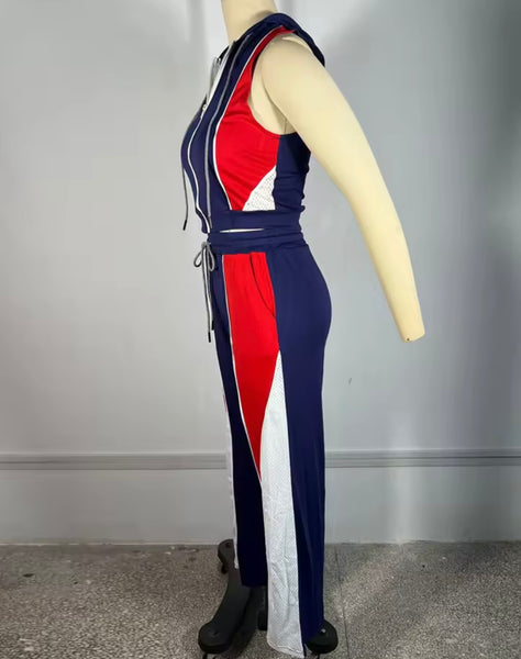 Women Sleeveless Hooded Color Patchwork Two Piece Tracksuit Pant Set