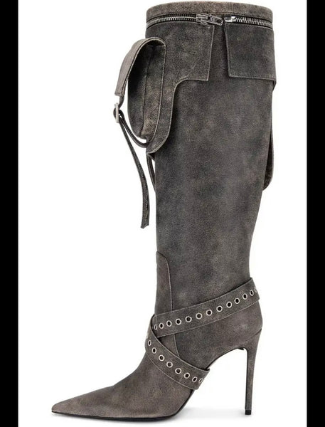 Women Fashion Denim Detachable Buckled Knee High Boots