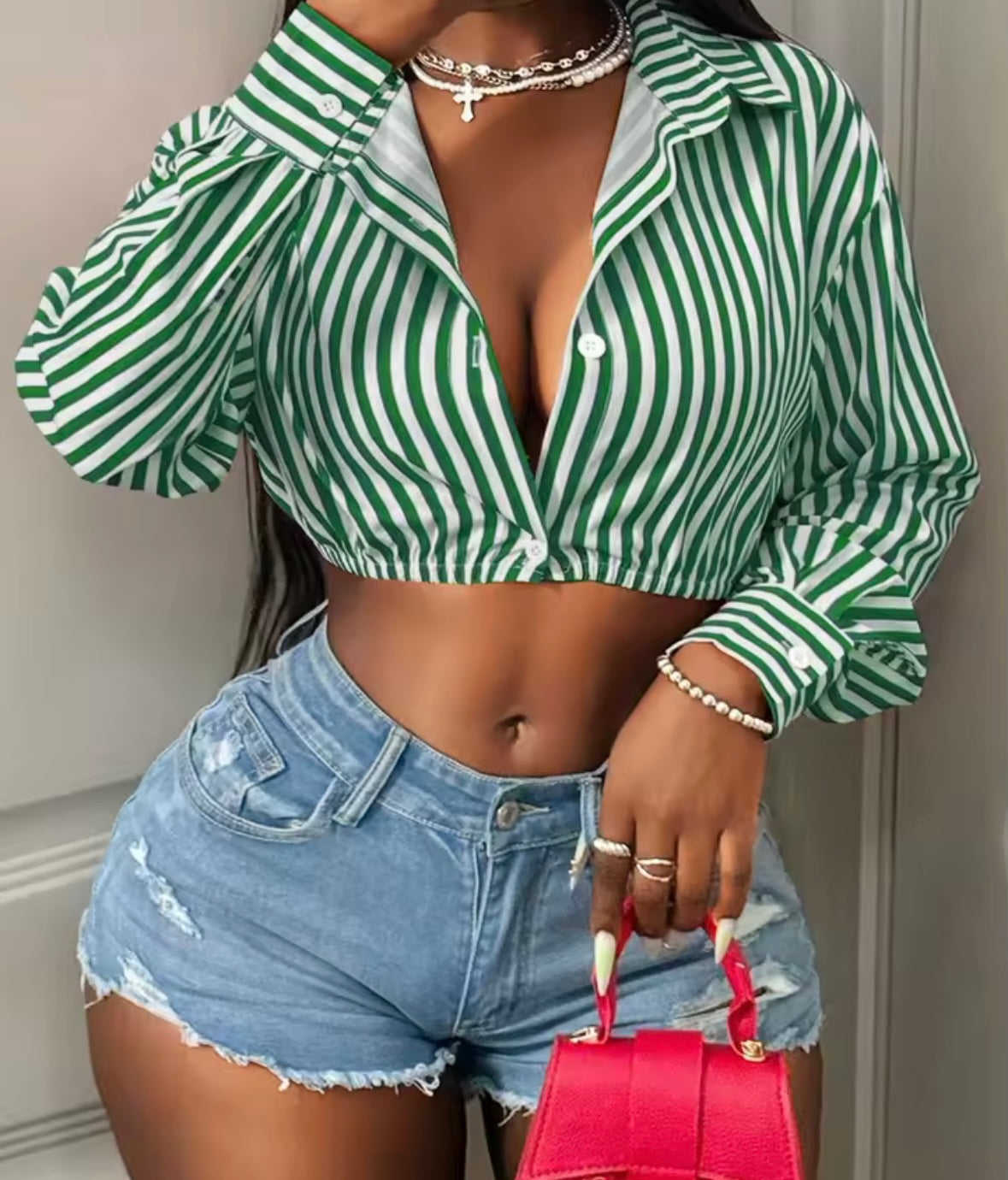 Women Color Striped Button Up Fashion Full Sleeve Crop Top