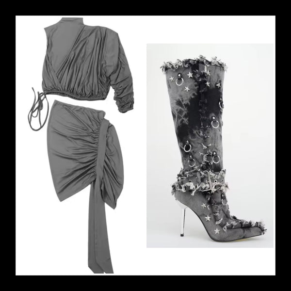 Women Sexy One Shoulder Full Sleeve Ruched Gray Two Piece Skirt Set
