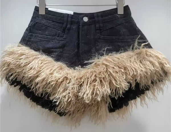 Women Fashion Fur Patchwork Denim Shorts
