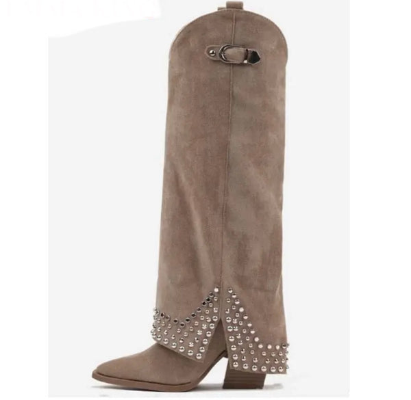 Women Fashion Rivet Suede/Faux Leather Knee High Boots