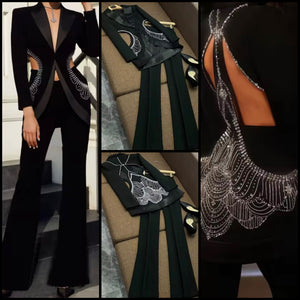 Women Sexy Black Rhinestone Print Open Back Blazer Two Piece Pant Set
