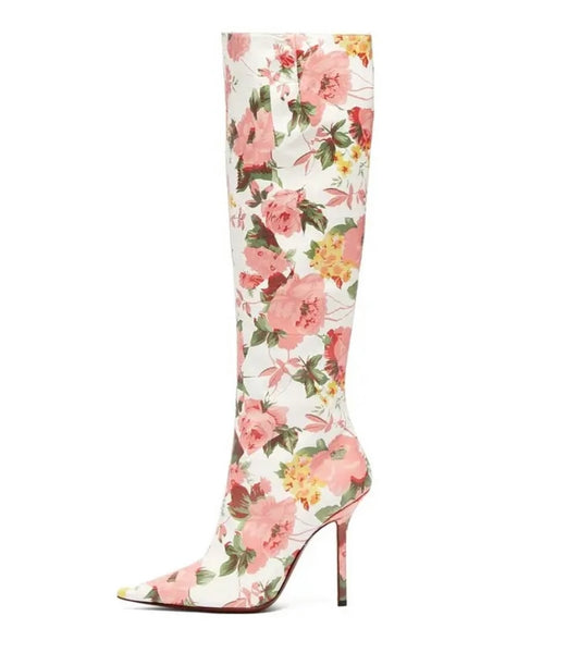 Women Fashion Knee High Floral High Heel Boots