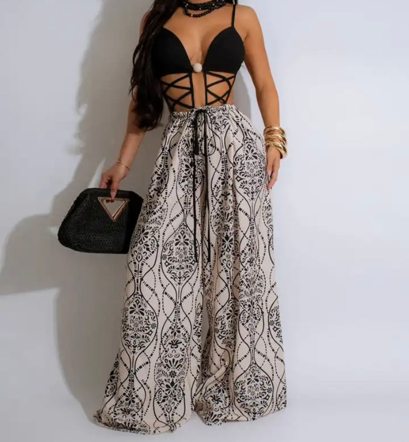 Women Sexy Sleeveless Lace Up Printed Wide Leg Jumpsuit