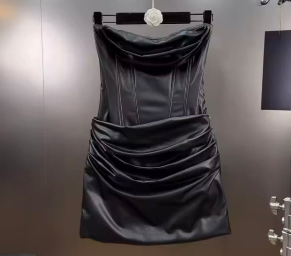 Women Sexy Fashion Strapless Faux Leather Ruched Dress
