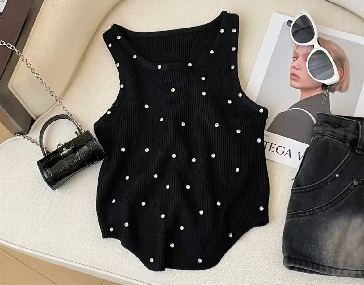 Women Sleeveless Fashion Ribbed Rhinestone Tank Top