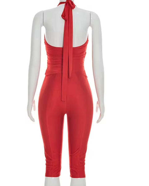 Women Halter Sleeveless Color Fashion Two Piece Capri Pant Set