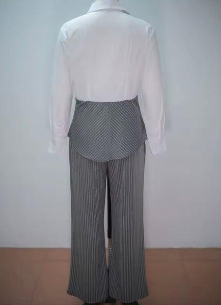 Women Collar Button Up Striped Two Piece Pant Set