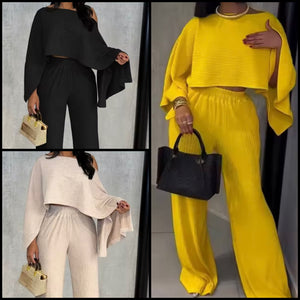 Women Solid Color Full Flare Sleeve Fashion Two Piece Pant Set