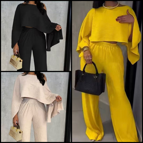 Women Solid Color Full Flare Sleeve Fashion Two Piece Pant Set