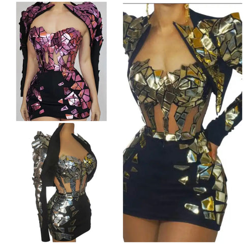 Women Sexy Metallic Color Patchwork Strapless Dress Jacket Set