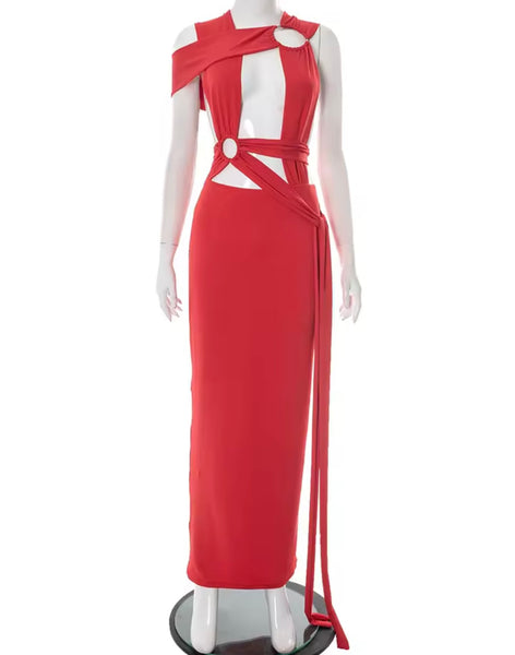 Women Sexy Sleeveless Solid Color Hollow Cross Maxi Dress