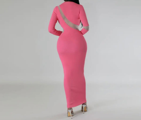 Women Sexy Mesh Patchwork Solid Color Full Sleeve Maxi Dress