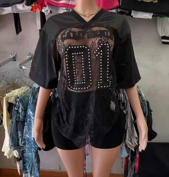 Women Sexy Rivet Number Letter Print Lace Short Sleeve Top