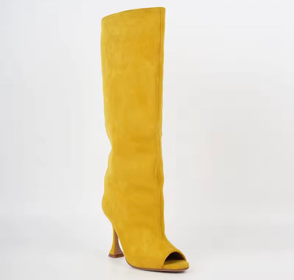 Women Suede Open Toe Fashion High Heel Knee Length Boots
