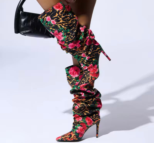 Women Fashion Multicolored Floral Ruched High Heel Boots
