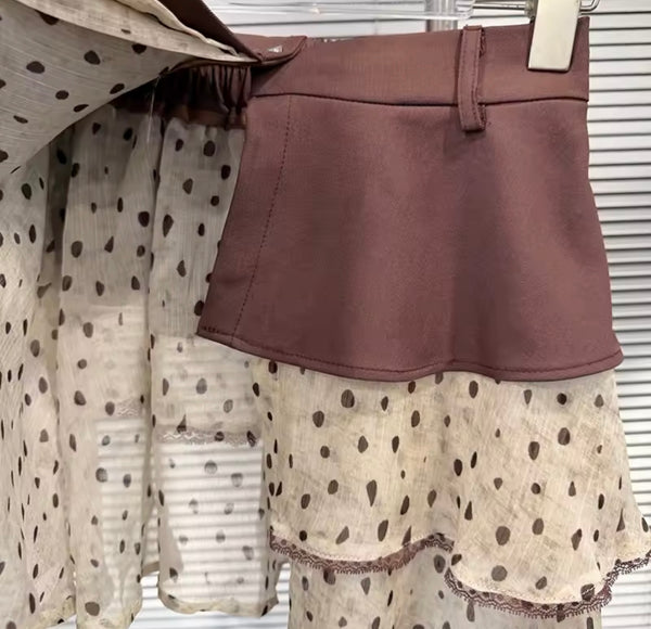 Women Mesh Polka Dot Ruffle Full Sleeve Two Piece Skirt Set