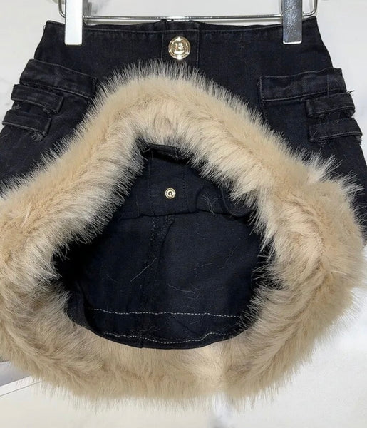 Women Fashion Button Up Faux Fur Patchwork Denim Skirt