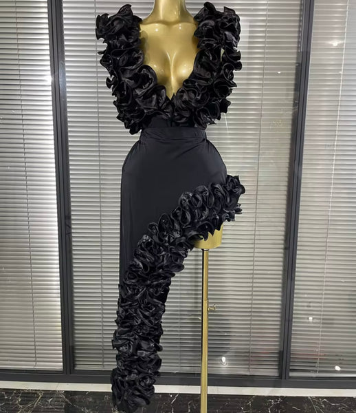 Women Sexy Ruffle Sleeveless Bodysuit Two Piece Asymmetrical Skirt Set