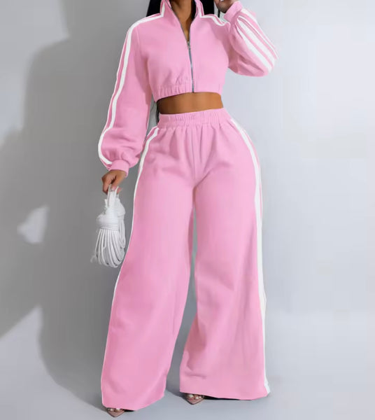 Women Striped Zip Up Fashion Two Piece Tracksuit Pant Set