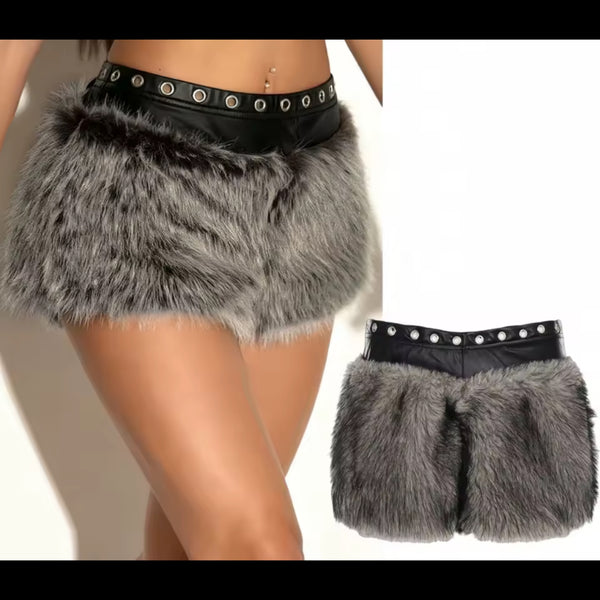 Women Faux  Fur Leather Patchwork Fashion Shorts
