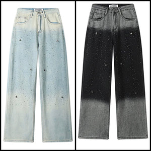 Women Fashion Star Rivet Denim Wide Leg Pants