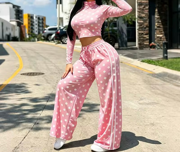 Women Polka Dot Turtleneck Full Sleeve Two Piece Pant Set