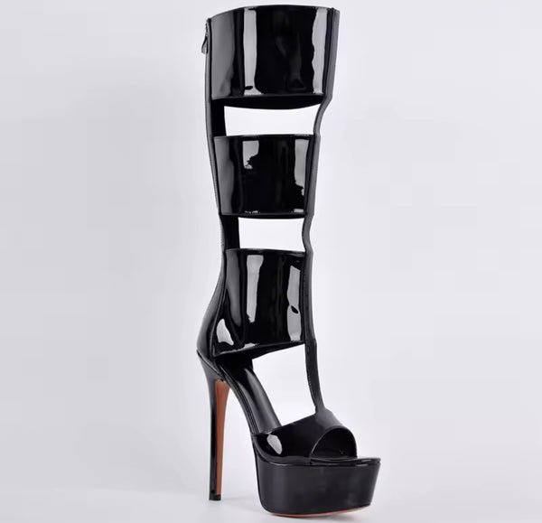 Women Fashion Color Open Toe Patent Leather Platform Knee High Sandals