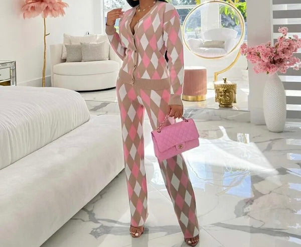 Women Button Up Full Sleeve Color Patchwork Two Piece Pant Set