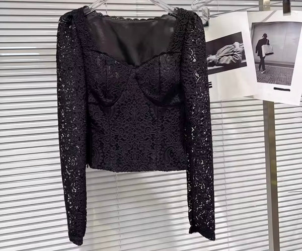 Women Fashion Lace Full Sleeve Two Piece Faux Leather Pant Set