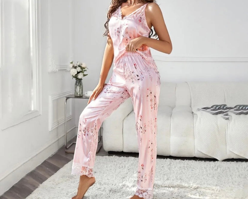 Women Sexy Satin Sleeveless Floral Lingerie Set