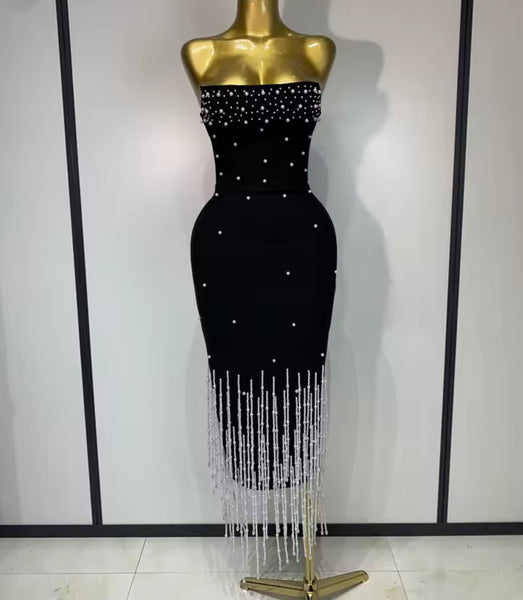 Women Sexy Strapless Beaded Rhinestone Tassel Dress