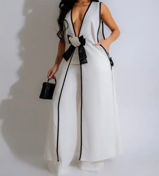 Women B&W Bow Sleeveless Sexy Fashion Two Piece Pant Set