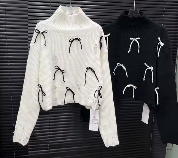 Women Fashion Ripped Turtleneck Bow Patchwork Sweater Top
