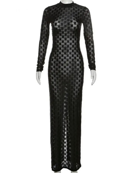 Women Sexy Printed See Through Full Sleeve Maxi Dress