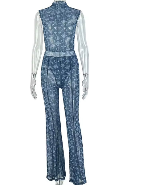 Women Sexy Sleeveless Printed See Through Two Piece Pant Set