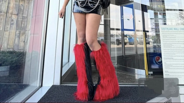 Women Fashion Black/Red Faux Fur Platform Knee High Boots