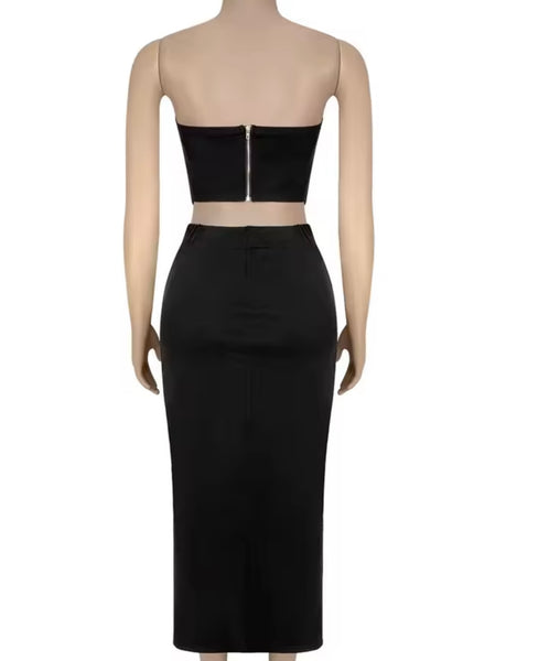Women Sexy Strapless Black Metal Lace Up Two Piece Skirt Set