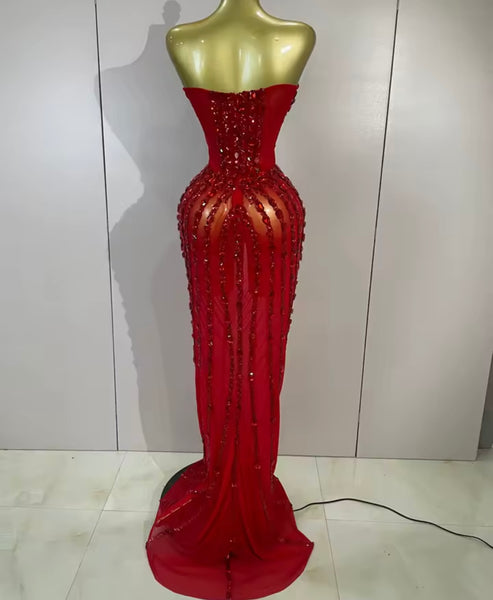 Women Sexy Strapless Rhinestone Mesh Maxi Dress