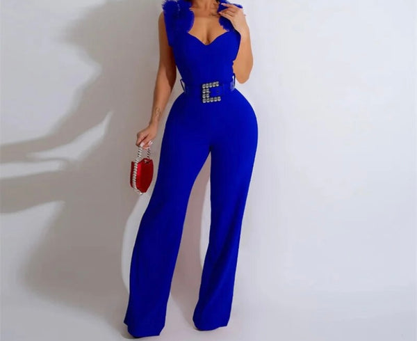 Women Sexy Ruffled Sleeveless Belted Jumpsuit