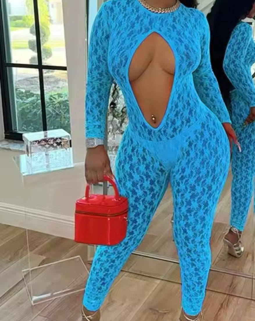 Women Sexy Lace Cut Out Full Sleeve Jumpsuit