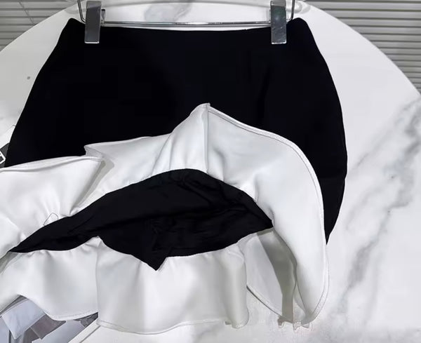 Women B&W Ruffled Full Sleeve Blazer Two Piece Sexy Skirt Set