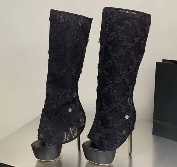 Women Fashion Black Platform Detachable Lace High Heels